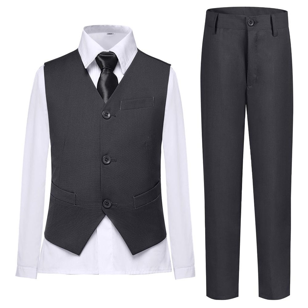 Suits for Boys Size 7 Gray Suit Set with Vest Pants Shirt Black Tie Party Formal Kids Tuxedo