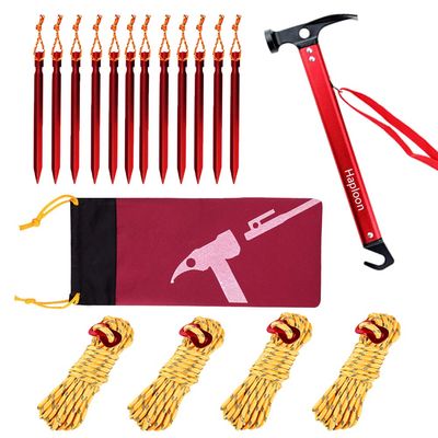 Haploon 12 Pack Tent Stake and Hammer, Camping Accessories Kit Aluminum Tent Mallet Stake Hammer with 7 Inch Metal Tent Pegs, Nylon Guyline Rope 4x13ft with Cord Adjuster and Canvas Storage Bag