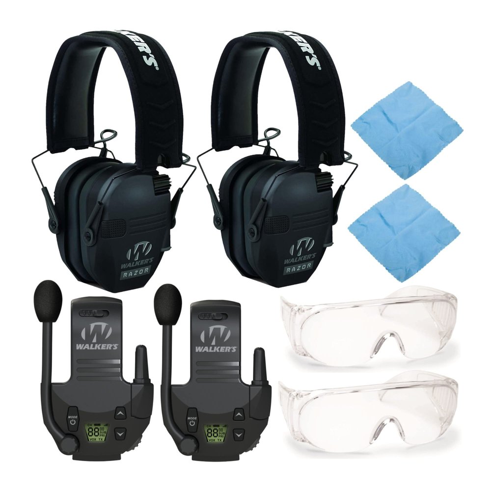 Walkers Razor Slim Electronic Muff (Black, 2-Pack) Bundle Tactical/Hunting Walkie Talkie (2-Pack), Sport Shooting Glasses (2-Pack), and Microfiber Cleaning Cloth (2-Pack) (8 Items)