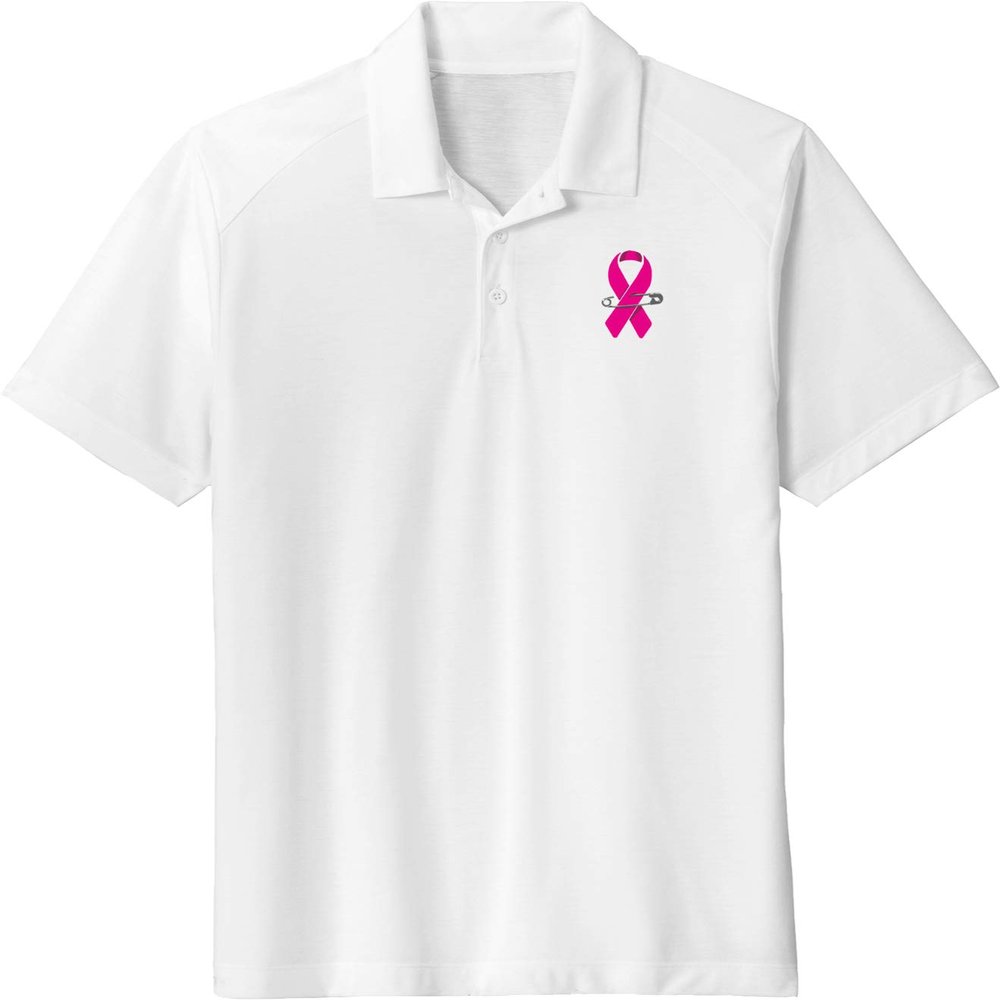 Breast Cancer Pink Ribbon Pin Pocket Print Tri Blend Polo, White SM