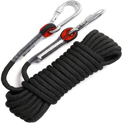 GINEE 10mm Static Rock Climbing Ropes 65FT Outdoor Safety Rope with Carabiner Black Lifeline Rescue Grappling Escape Descender Abseiling Rope Magnet Fishing Rope Arborist Tree Climb