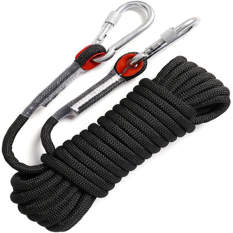 GINEE 10mm Static Rock Climbing Ropes 65FT Outdoor Safety Rope with Carabiner Black Lifeline Rescue Grappling Escape Descender Abseiling Rope Magnet Fishing Rope Arborist Tree Climb