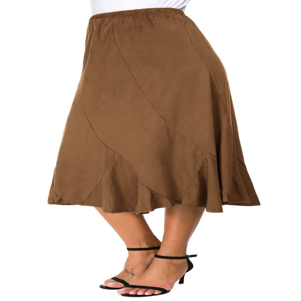 EXCHIC Women's Elegant Ankle Length Ruffle Hem Elastic Waist Suede Midi Skirt (M, Brown)