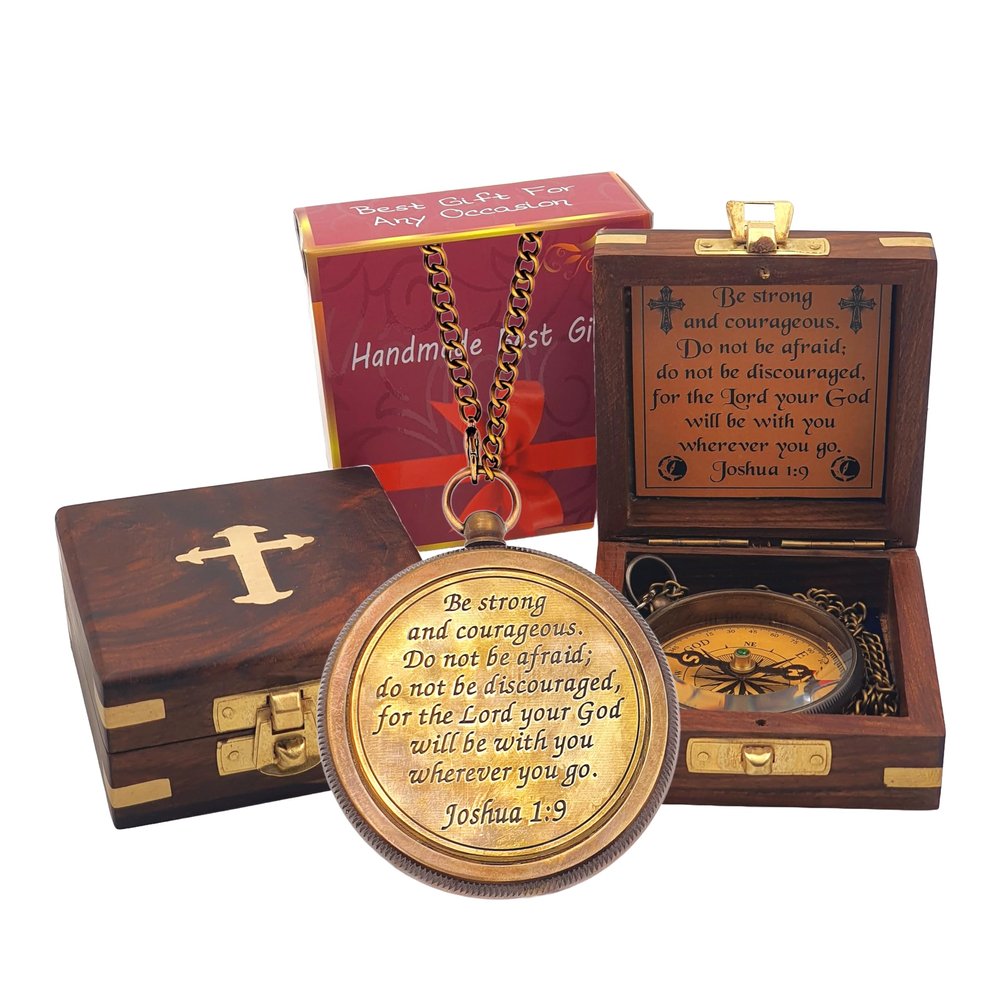Antique Nautical Compass with Be Strong and Courageous Scripture Engraved | Vintage Magnetic Compass with Wooden Box | Baptism, Graduation, Christian Gift for Son, Father, Loved Ones