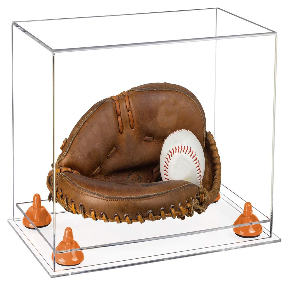 Better Display Cases Acrylic Base and Wall Mountball Catchers Glove Display Case with Clear Case, Orange Risers and Clear Base (A011/V16)
