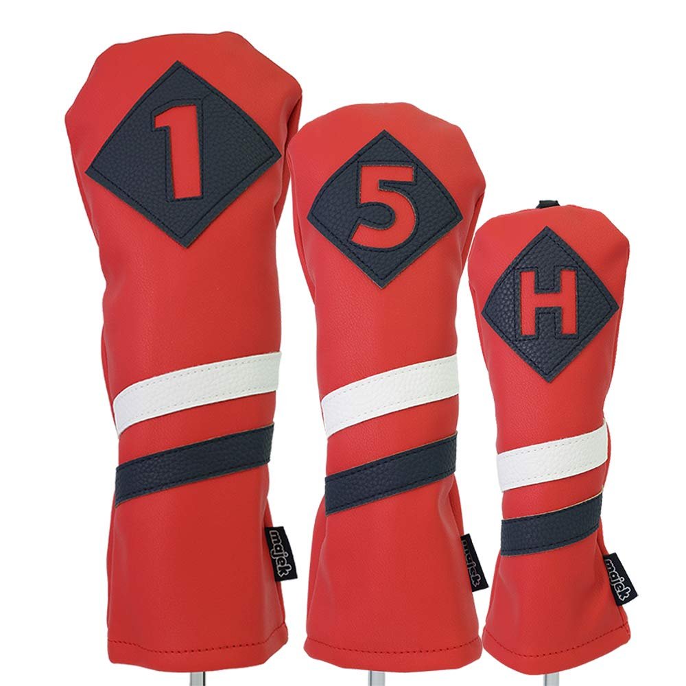Majek Retro Golf Headcovers Red with White and Blue Stripe Vintage Leather Style 1 5 H Driver Fairway Wood and Hybrid Head Cover Classic Look