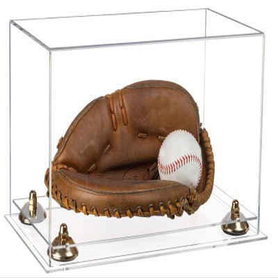 Better Display Cases Acrylic Base and Wall Mountball Catchers Glove Display Case with Clear Case, Gold Risers and Clear Base (A011/V16)