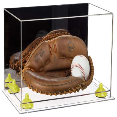 Better Display Cases Acrylic Base and Wall Mountball Catchers Glove Display Case with Mirror Case, Yellow Risers and Clear Base (A011/V16)