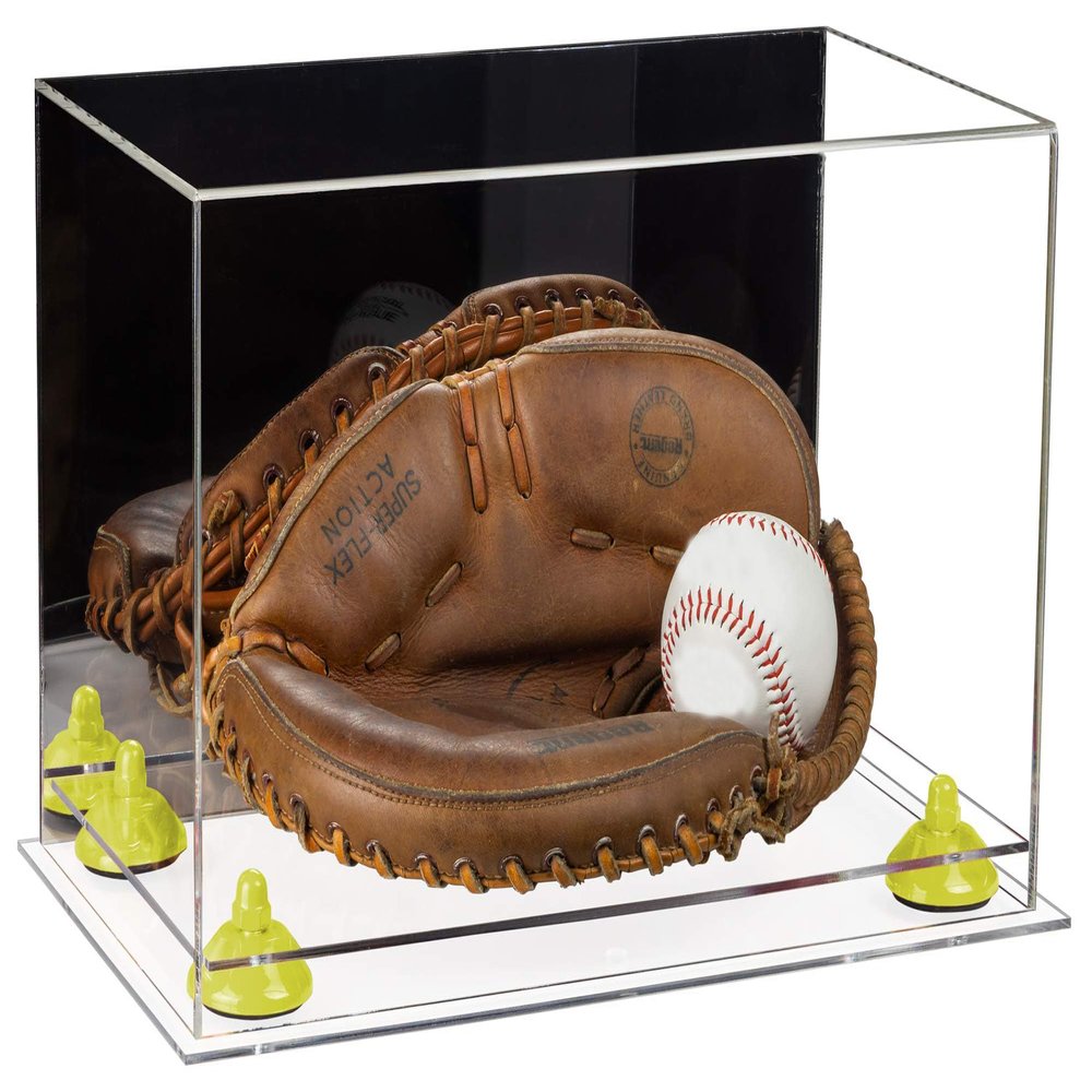 Better Display Cases Acrylic Base and Wall Mountball Catchers Glove Display Case with Mirror Case, Yellow Risers and Clear Base (A011/V16)
