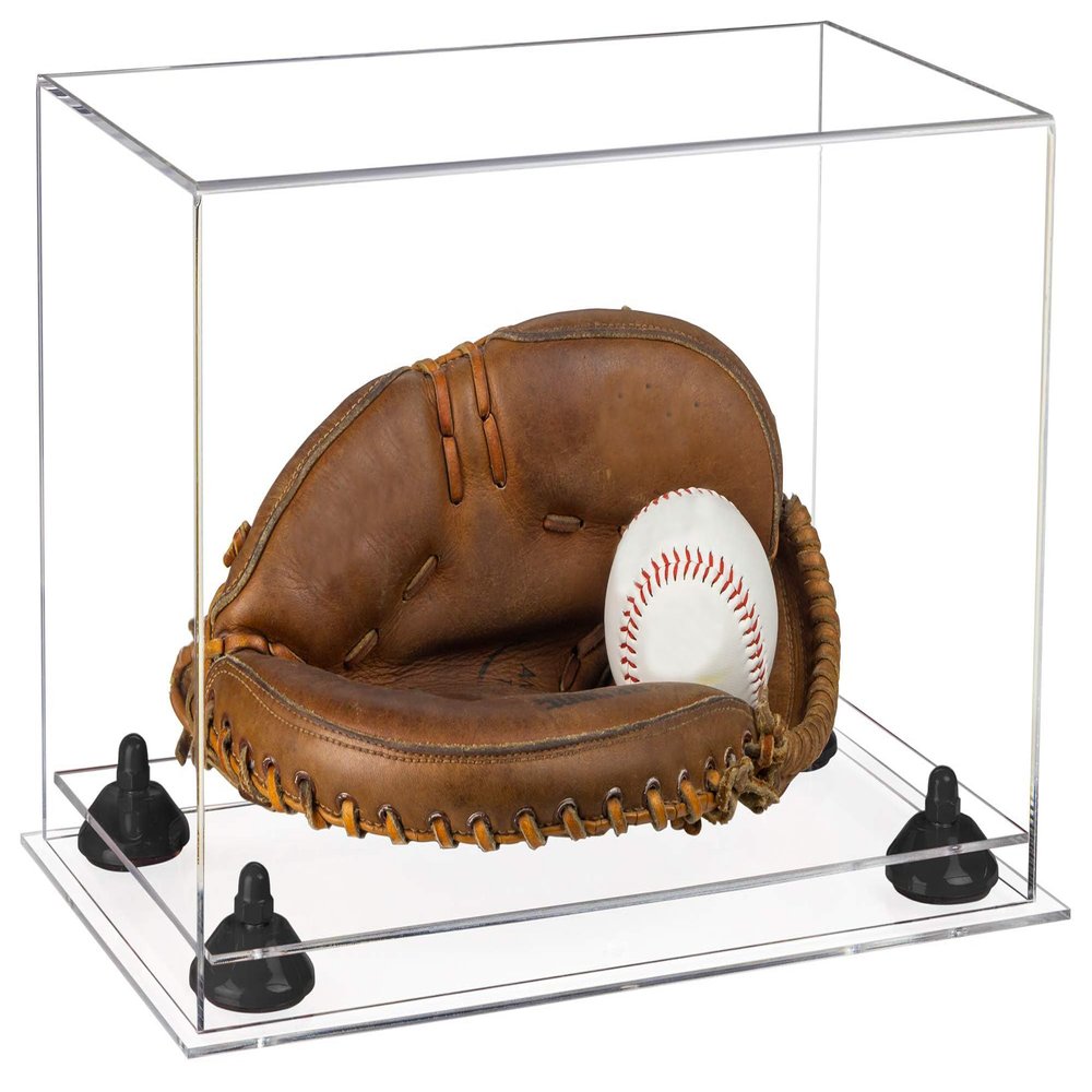 Better Display Cases Acrylic Base and Wall Mountball Catchers Glove Display Case with Clear Case, Black Risers and Clear Base (A011/V16)