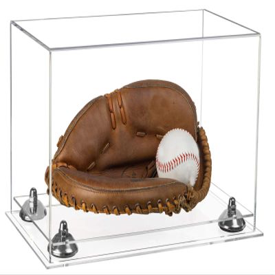 Better Display Cases Acrylic Base and Wall Mountball Catchers Glove Display Case with Clear Case, Silver Risers and Clear Base (A011/V16)