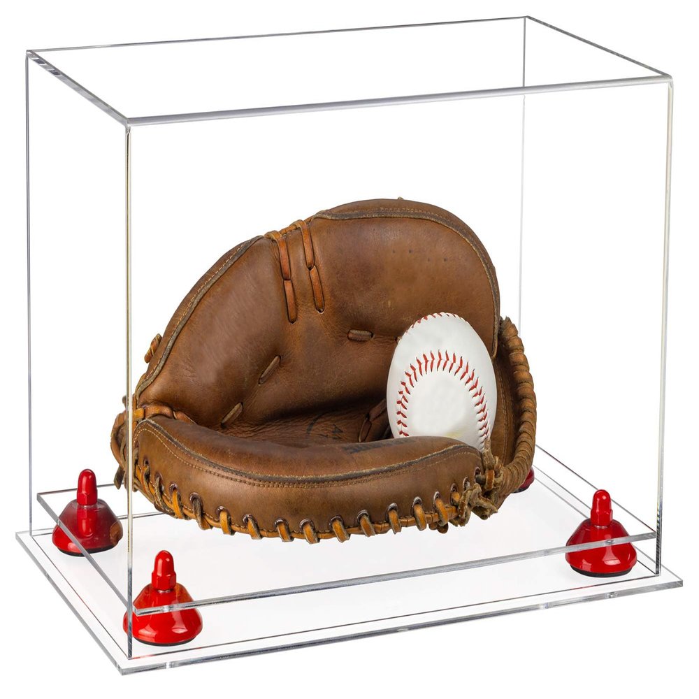 Better Display Cases Acrylic Base and Wall Mountball Catchers Glove Display Case with Clear Case, Red Risers and Clear Base (A011/V16)
