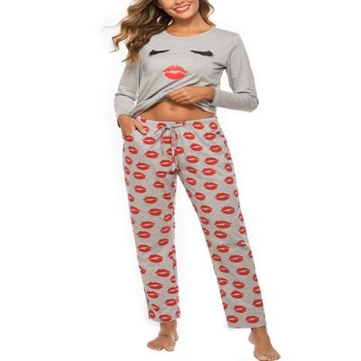 EISHOPEER Cotton Pajamas for Women 2 Piece Cute Printed Autumn and Winter Sleepwear Set Grey S