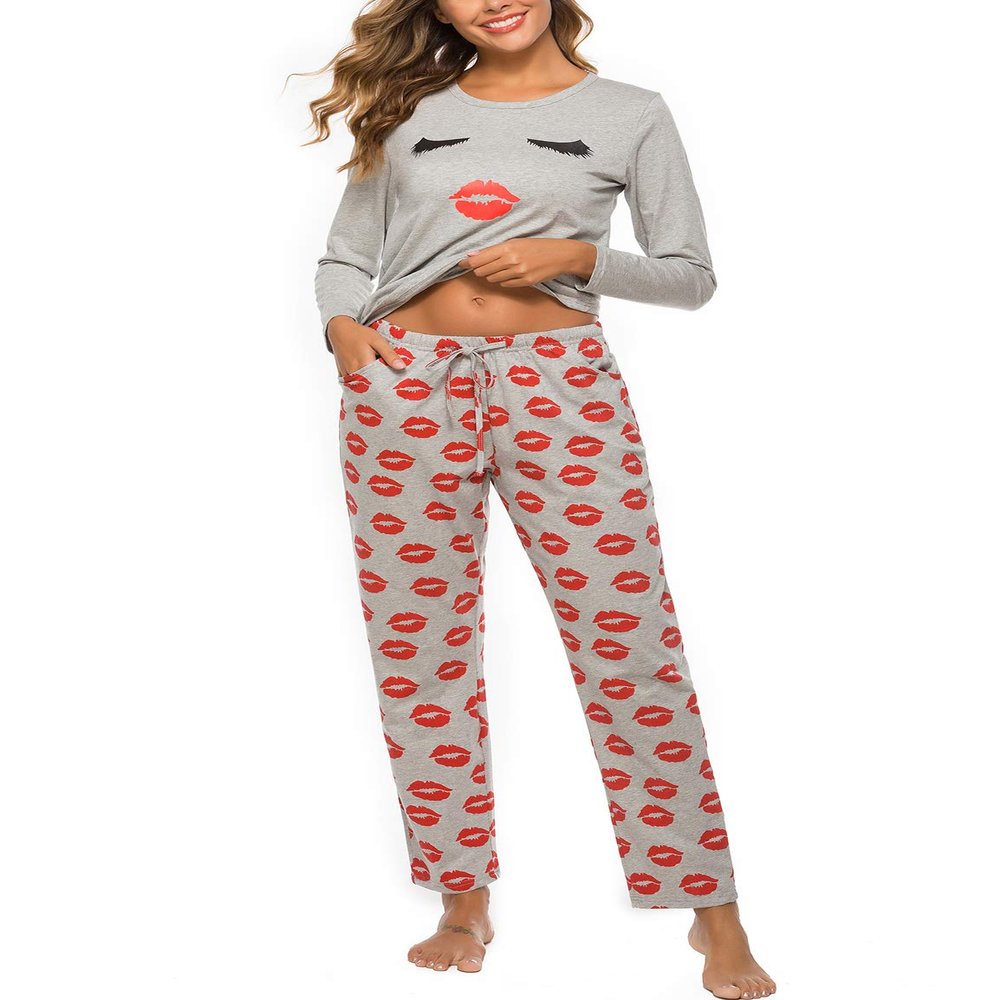 EISHOPEER Cotton Pajamas for Women 2 Piece Cute Printed Autumn and Winter Sleepwear Set Grey S
