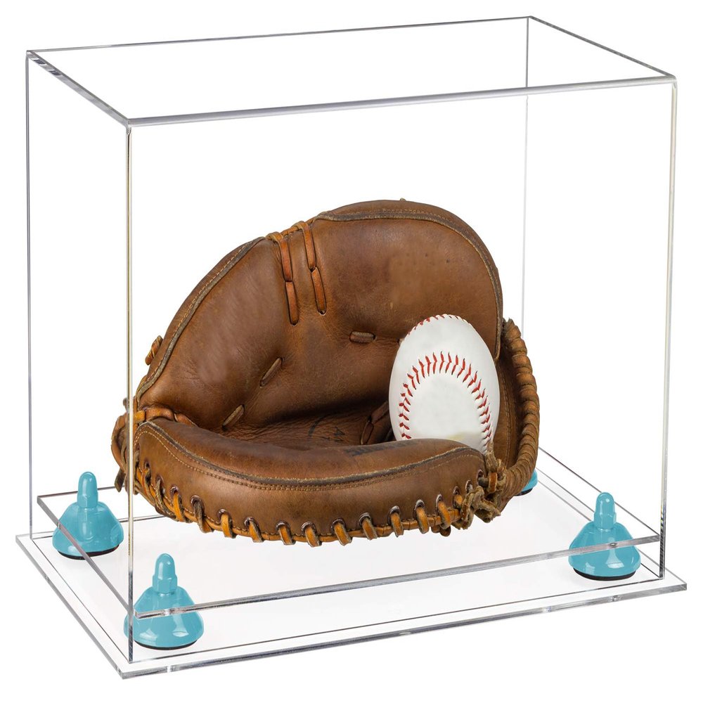 Better Display Cases Acrylic Base and Wall Mountball Catchers Glove Display Case with Clear Case, Light Blue Risers and Clear Base (A011/V16)