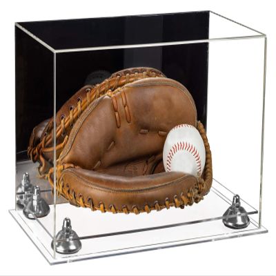 Better Display Cases Acrylic Base and Wall Mountball Catchers Glove Display Case with Mirror Case, Silver Risers and Clear Base (A011/V16)