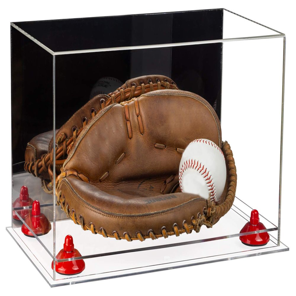 Better Display Cases Acrylic Base and Wall Mountball Catchers Glove Display Case with Mirror Case, Red Risers and Clear Base (A011/V16)