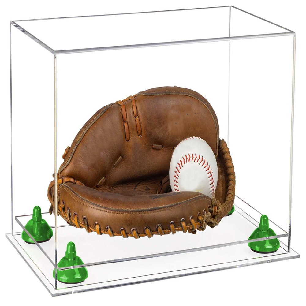 Better Display Cases Acrylic Base and Wall Mountball Catchers Glove Display Case with Clear Case, Green Risers and Clear Base (A011/V16)
