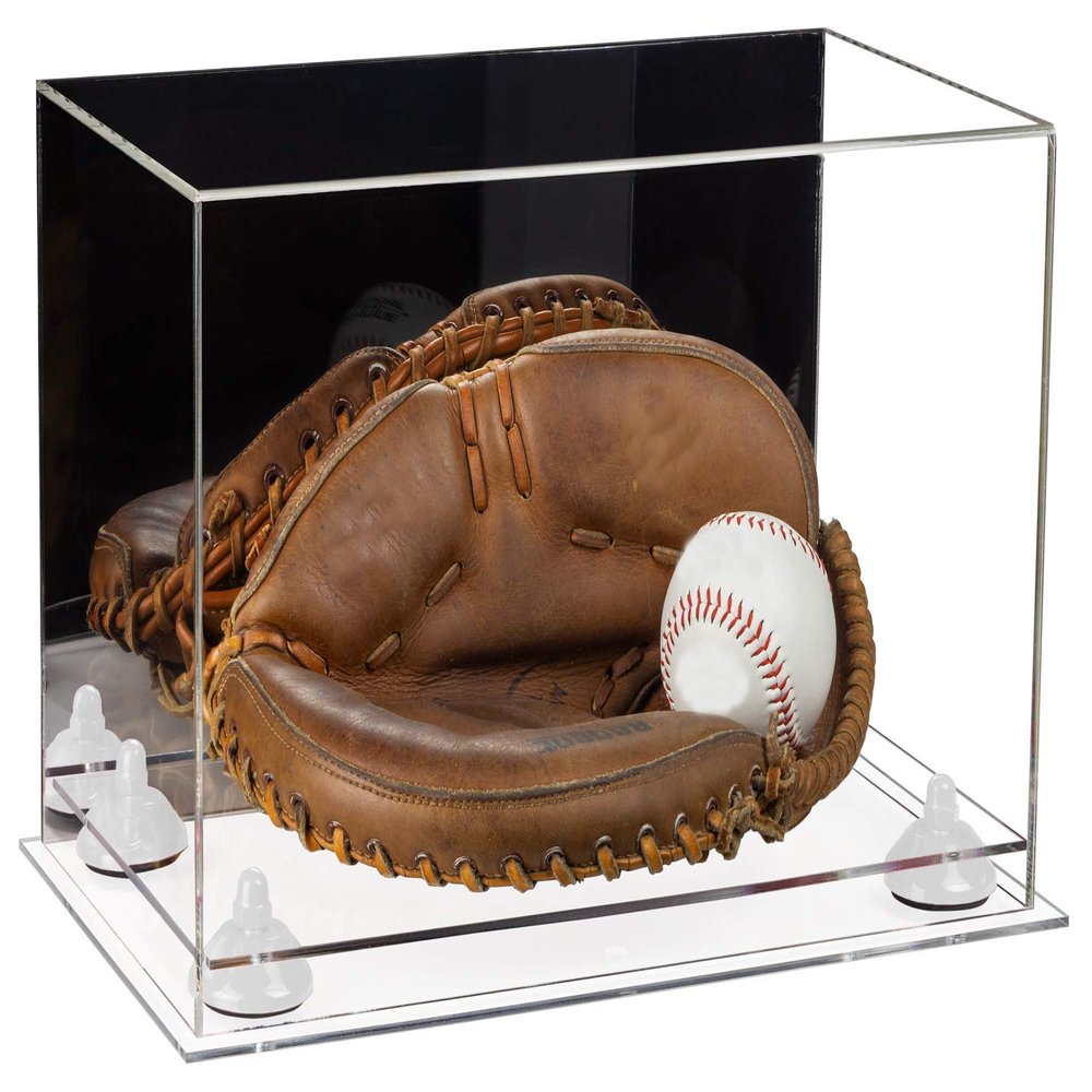Better Display Cases Acrylic Base and Wall Mountball Catchers Glove Display Case with Mirror Case, White Risers and Clear Base (A011/V16)