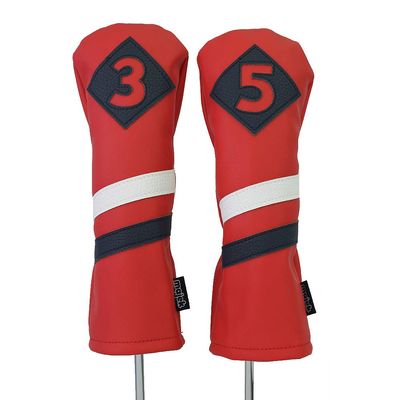 Majek Retro Golf Headcovers Red with White and Blue Stripe Vintage Leather Style 3 & 5 Fairway Wood Head Cover Classic Look