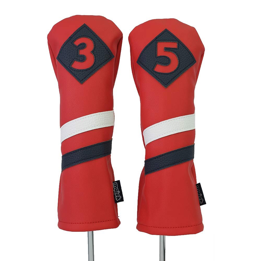 Majek Retro Golf Headcovers Red with White and Blue Stripe Vintage Leather Style 3 & 5 Fairway Wood Head Cover Classic Look
