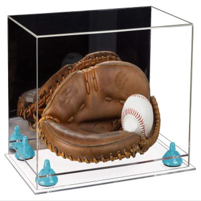 Better Display Cases Acrylic Base and Wall Mountball Catchers Glove Display Case with Mirror Case, Light Blue Risers and Clear Base (A011/V16)