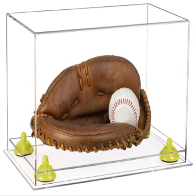 Better Display Cases Acrylic Base and Wall Mountball Catchers Glove Display Case with Clear Case, Yellow Risers and Clear Base (A011/V16)