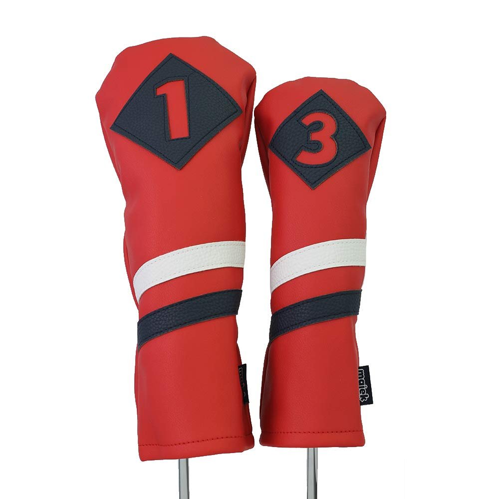 Majek Retro Golf Headcovers Red with White and Blue Stripe Vintage Leather Style 1 & 3 Driver and Fairway Head Cover Fits 460cc Drivers Classic Look