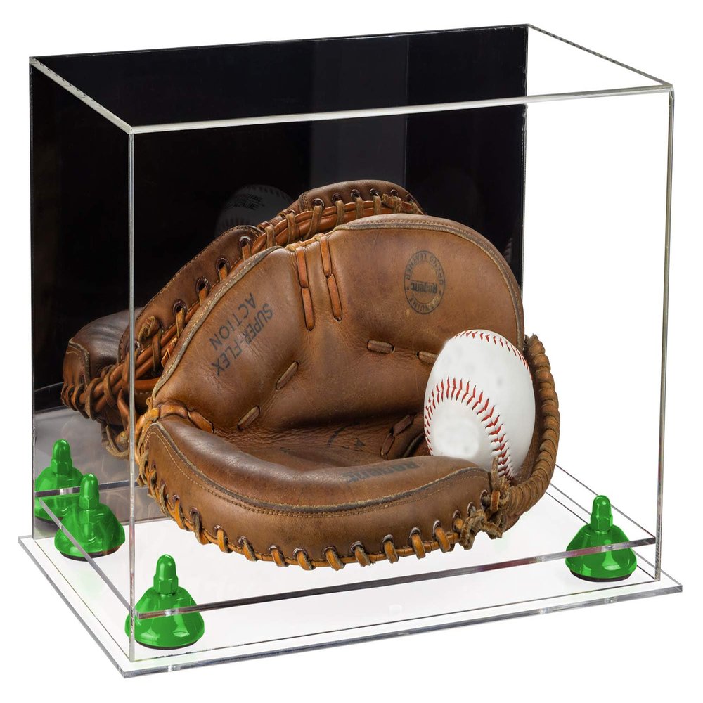 Better Display Cases Acrylic Base and Wall Mountball Catchers Glove Display Case with Mirror Case, Green Risers and Clear Base (A011/V16)