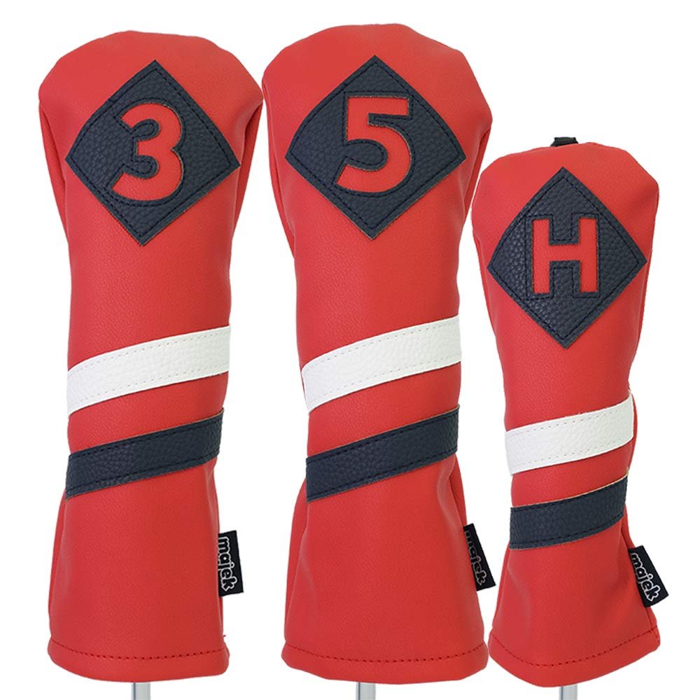 Majek Retro Golf Headcovers Red with White and Blue Stripe Vintage Leather Style 3 5 H Fairway Wood and Hybrid Head Cover Classic Look