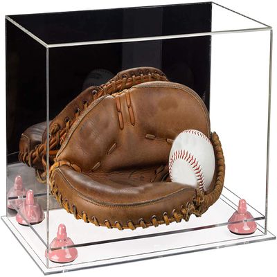 Better Display Cases Acrylic Base and Wall Mountball Catchers Glove Display Case with Mirror Case, Pink Risers and Clear Base (A011/V16)