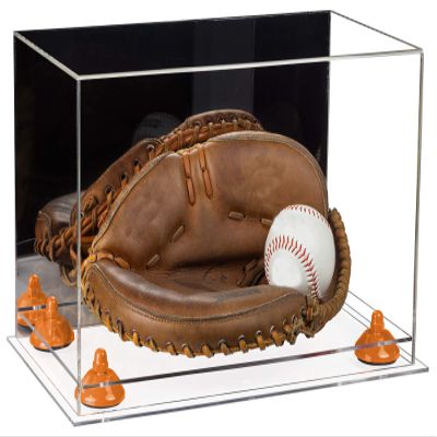 Better Display Cases Acrylic Base and Wall Mountball Catchers Glove Display Case with Mirror Case, Orange Risers and Clear Base (A011/V16)