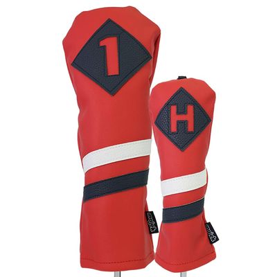 Majek Retro Golf Headcovers Red with White and Blue Stripe Vintage Leather Style 1 H Driver and Hybrid Head Cover Classic Look