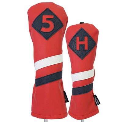 Majek Retro Golf Headcovers Red with White and Blue Stripe Vintage Leather Style 5 & H Fairway Wood and Hybrid Head Cover Classic Look