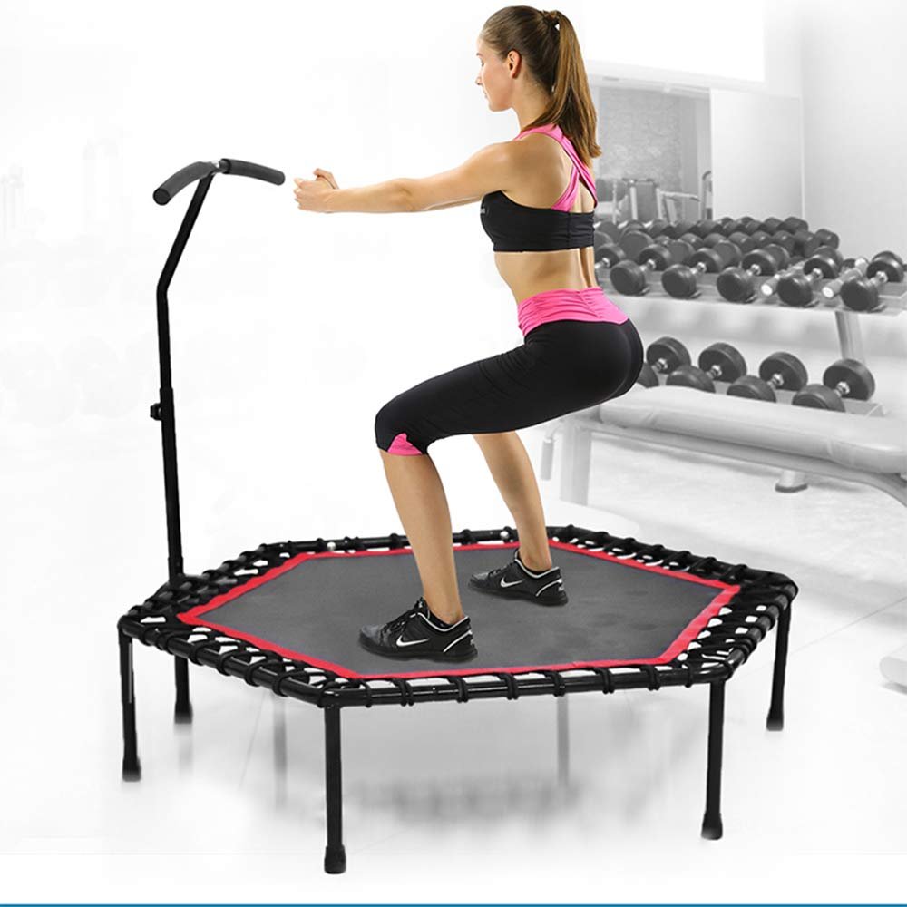 53'' Exercise Fitness Trampoline with Adjustable Handrail Handle Bar for Home Workout Cardio Training, Reinforced Covered Bungee Rope System  Max Limit 330 lbs (Red)