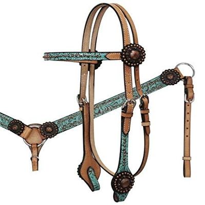 Showman Teal Filigree Headstall & Breast Collar Set w/Copper Rosette Conchos