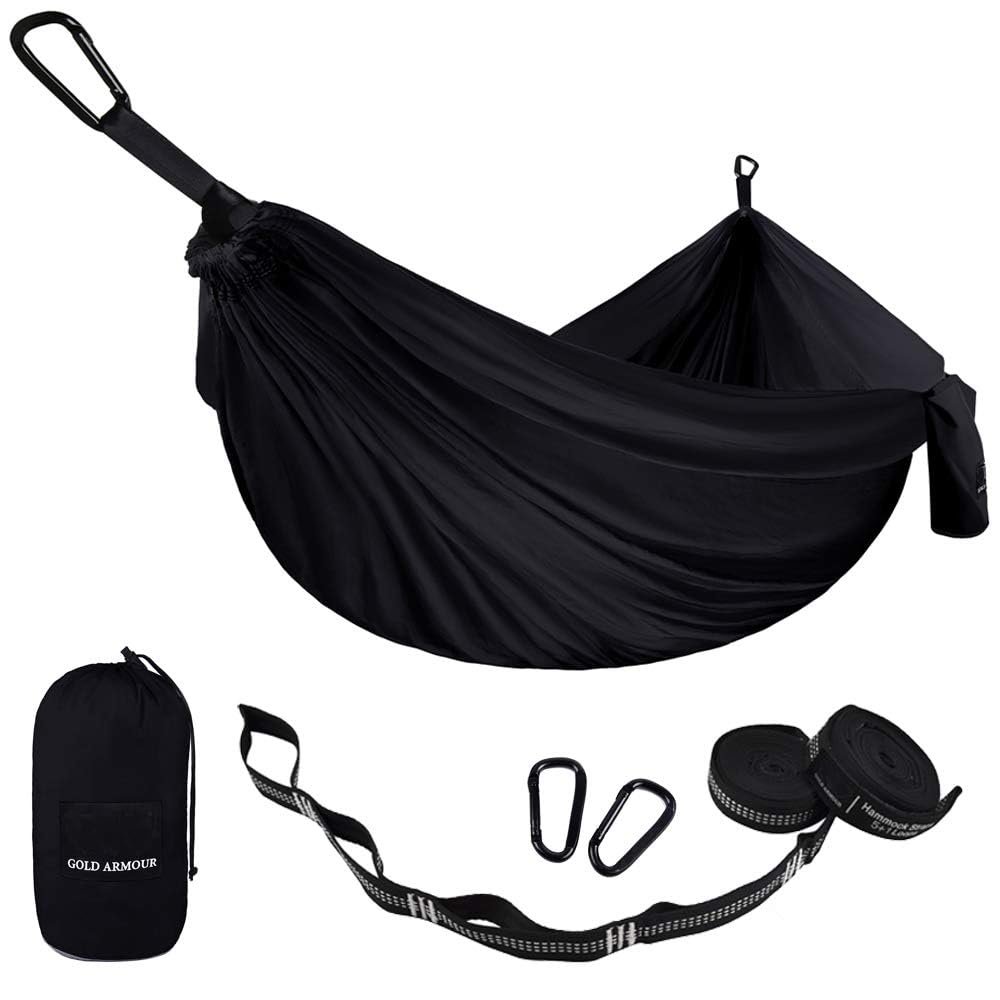 Gold Armour Camping Hammock - Portable Hammock Single Hammock Camping Accessories Gear for Outdoor Indoor Adult Kids, USA Based Brand (Black)