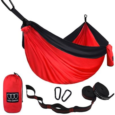 Gold Armour Camping Hammock - Portable Hammock Single Hammock Camping Accessories Gear for Outdoor Indoor Adult Kids, USA Based Brand (Red & Black)