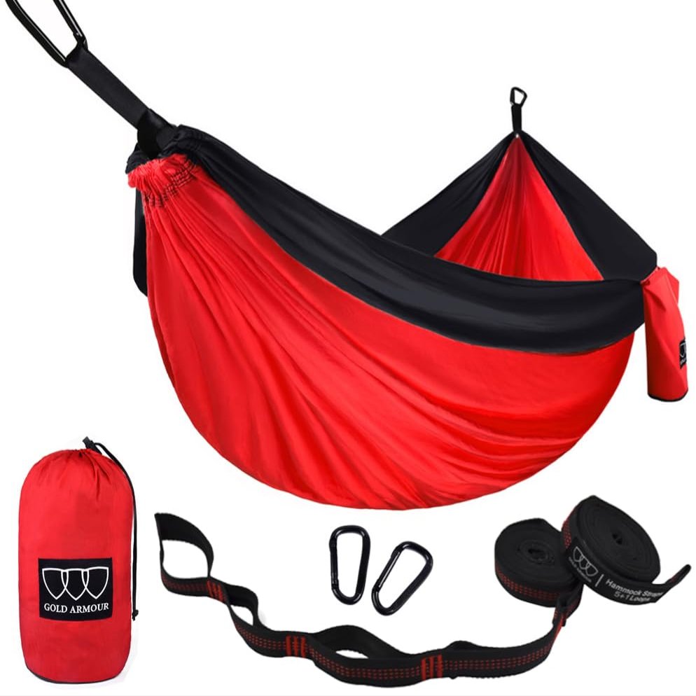 Gold Armour Camping Hammock - Portable Hammock Single Hammock Camping Accessories Gear for Outdoor Indoor Adult Kids, USA Based Brand (Red & Black)
