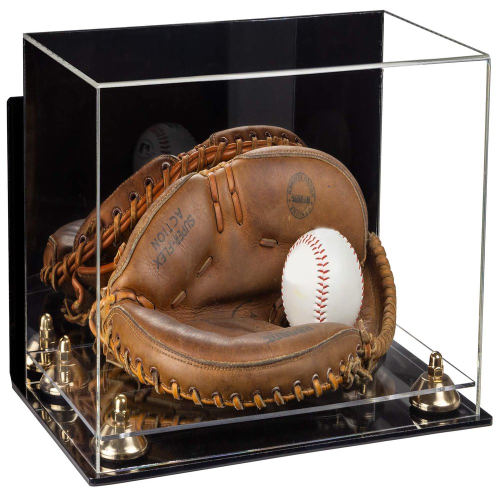 Better Display Cases Acrylic Base and Wall Mountball Catchers Glove Display Case with Mirror Case, Gold Risers, Clear Base and Wall Mount (A011/V16)