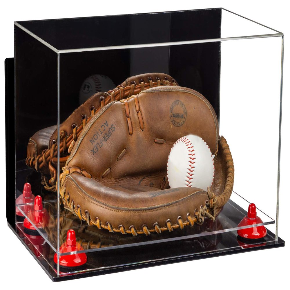 Better Display Cases Acrylic Base and Wall Mountball Catchers Glove Display Case with Mirror Case, Red Risers, Clear Base and Wall Mount (A011/V16)