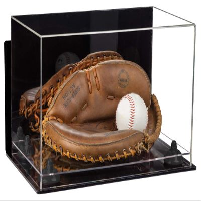 Better Display Cases Acrylic Base and Wall Mountball Catchers Glove Display Case with Mirror Case, Black Risers, Clear Base and Wall Mount (A011/V16)