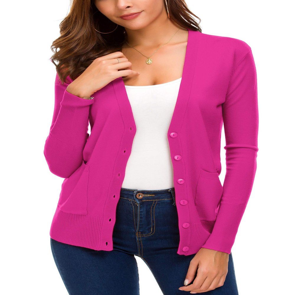 EXCHIC Women's Lightweight Long Sleeve Cardigan Sweaters Classic Button Open Front Knit Sweater with Pockets(Rose, X-Large)