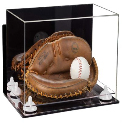 Better Display Cases Acrylic Base and Wall Mountball Catchers Glove Display Case with Mirror Case, White Risers, Clear Base and Wall Mount (A011/V16)
