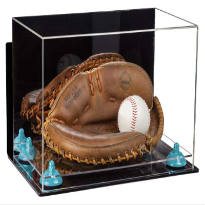 Better Display Cases Acrylic Base and Wall Mountball Catchers Glove Display Case with Mirror Case, Light Blue Risers, Clear Base and Wall Mount (A011/V16)