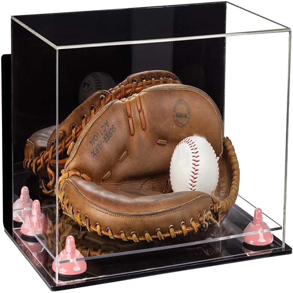 Better Display Cases Acrylic Base and Wall Mountball Catchers Glove Display Case with Mirror Case, Pink Risers, Clear Base and Wall Mount (A011/V16)