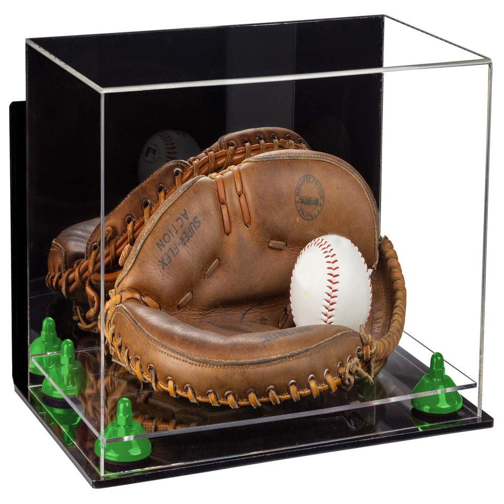 Better Display Cases Acrylic Base and Wall Mountball Catchers Glove Display Case with Mirror Case, Green Risers, Clear Base and Wall Mount (A011/V16)