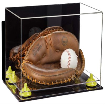 Better Display Cases Acrylic Base and Wall Mountball Catchers Glove Display Case with Mirror Case, Yellow Risers, Clear Base and Wall Mount (A011/V16)