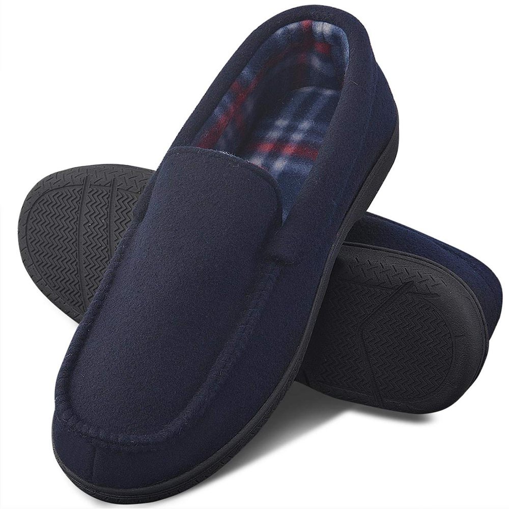 DL Men's Memory Foam Moccasin Slippers Breathable Moccasin Slippers Micro Wool House Shoes Anti-Slip Sole Indoor Outdoor, Navy, 8