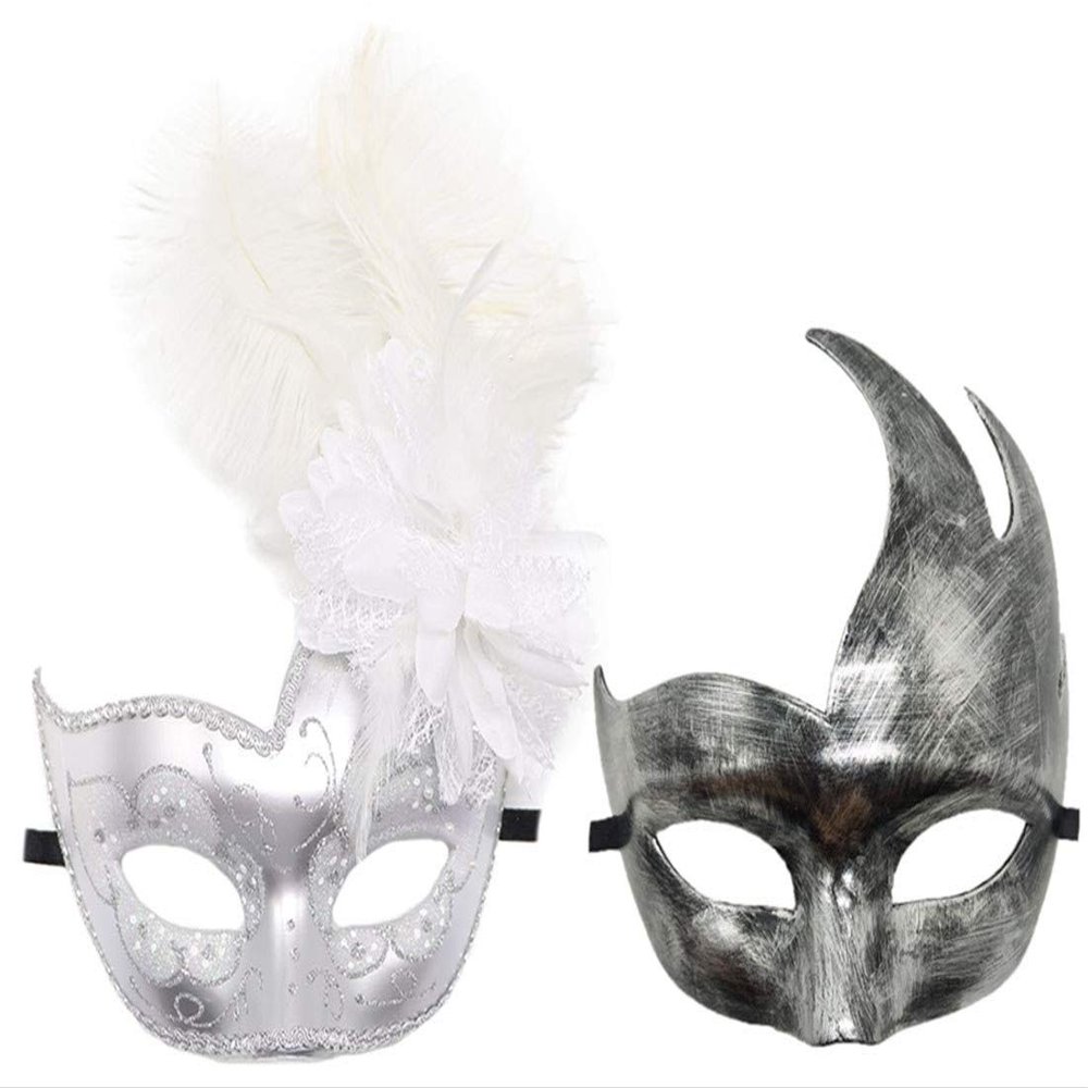 Awlsyj Women's Feather Masquerade Mask Venetian Halloween Mardi Gras Costumes Party Ball Prom Mask (Couple Silver White)